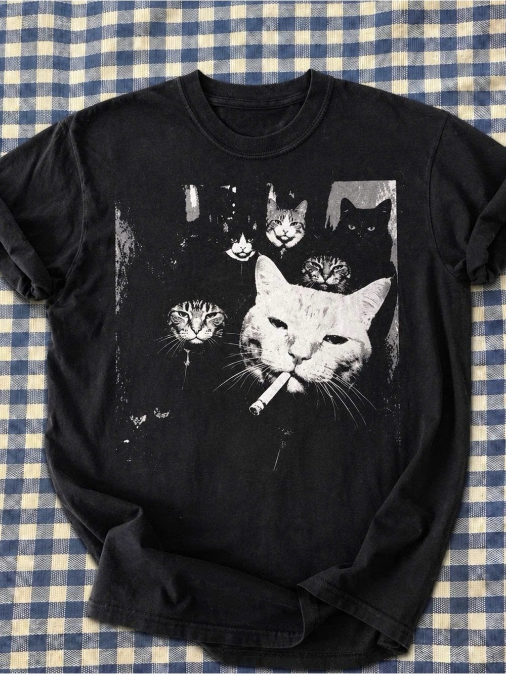 Black Cat Graphic Tee with Smoking Cat Design